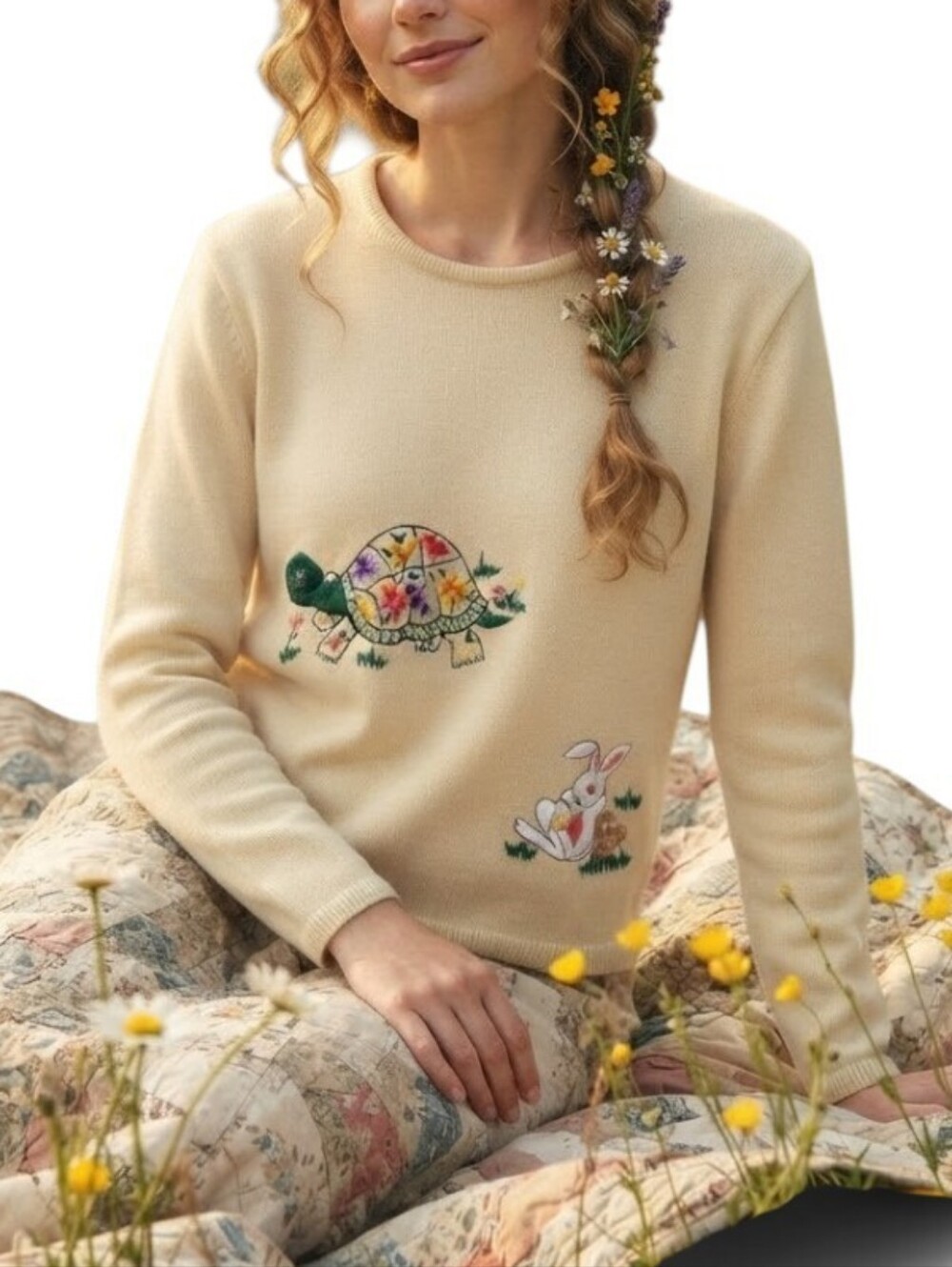 70s LeRoy Knitwear Embroidered Turtle & Bunny Sweater Cream M